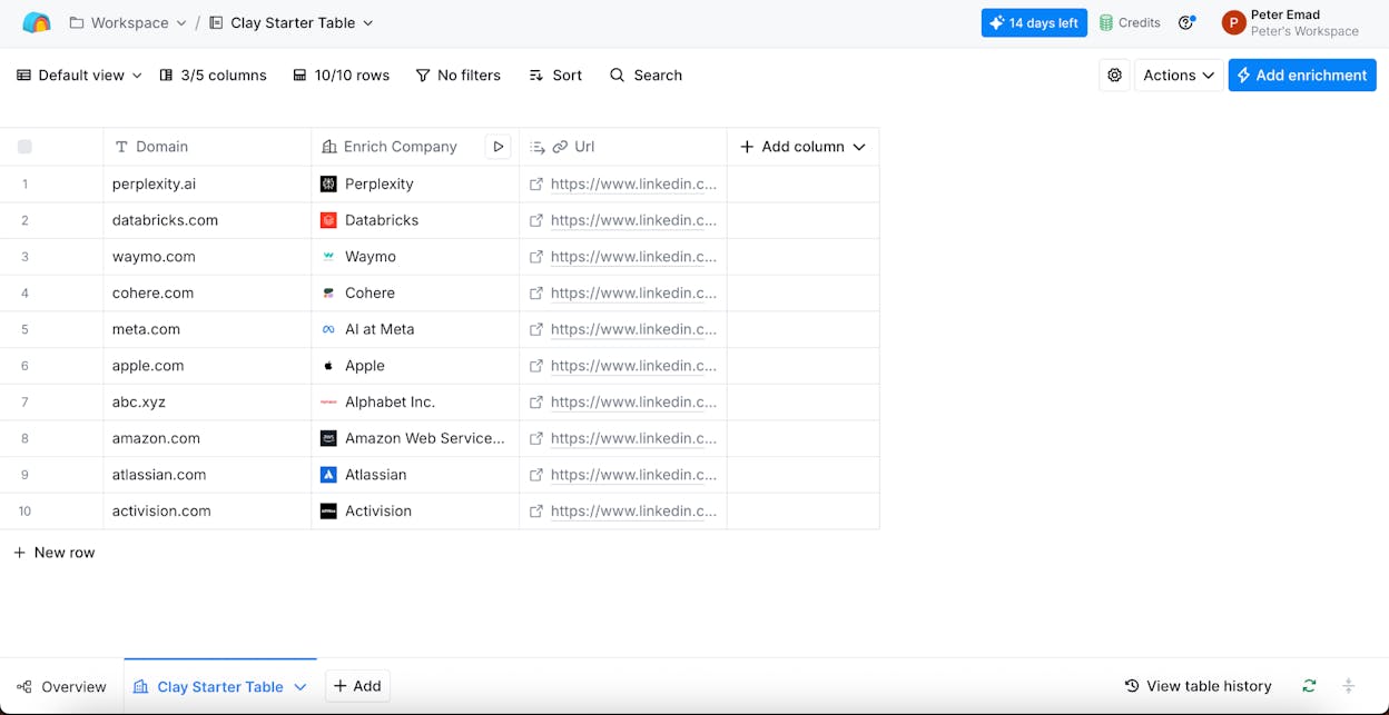 Clay’s spreadsheet-like interface with enrichment columns and AI steps
