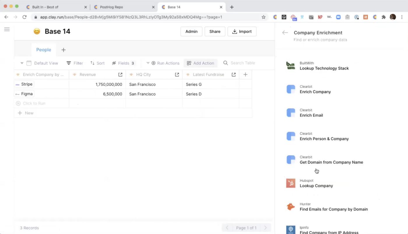 Clay&rsquo;s spreadsheet-like interface showing enrichment columns with Claygent AI research results and data from multiple sources