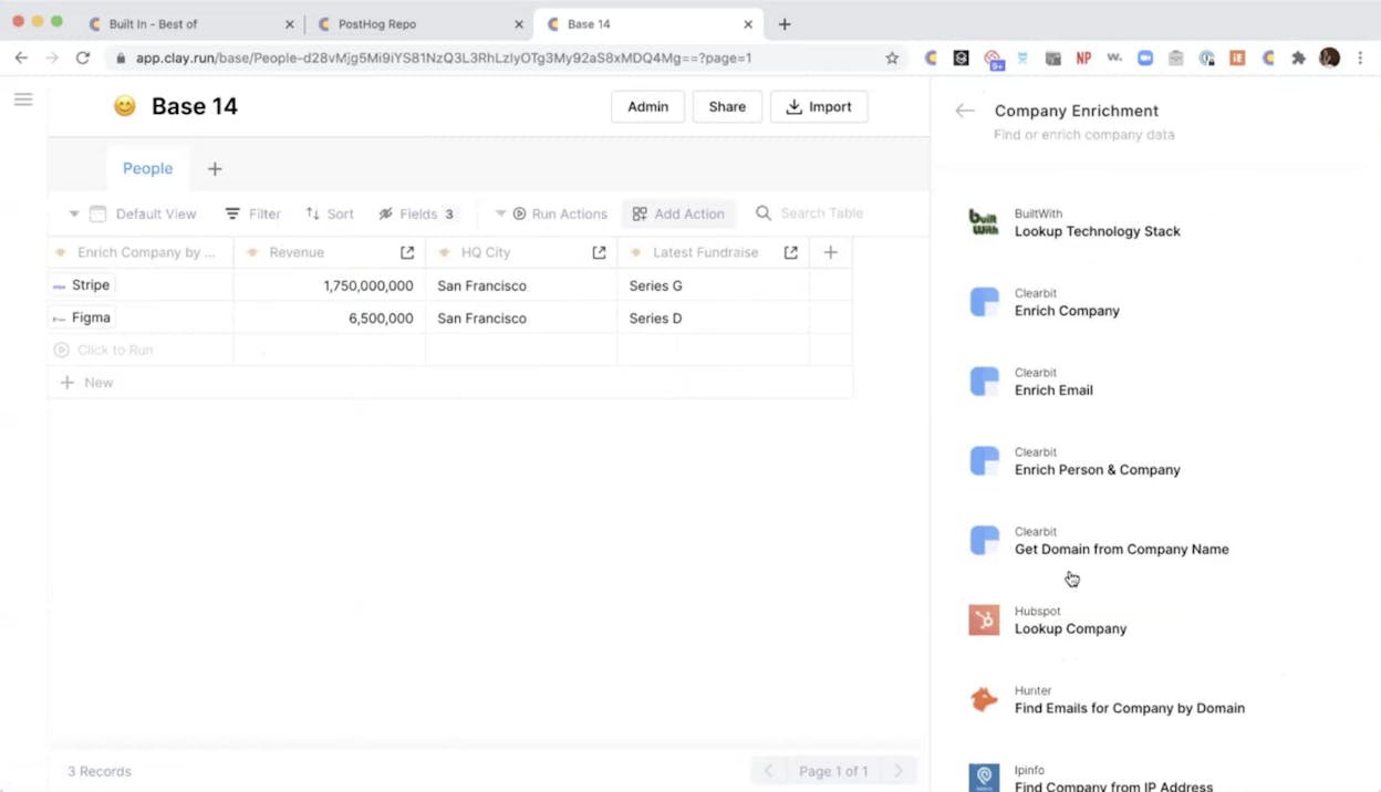 Clay&rsquo;s spreadsheet-like interface showing enrichment columns with Claygent AI research results and data from multiple sources