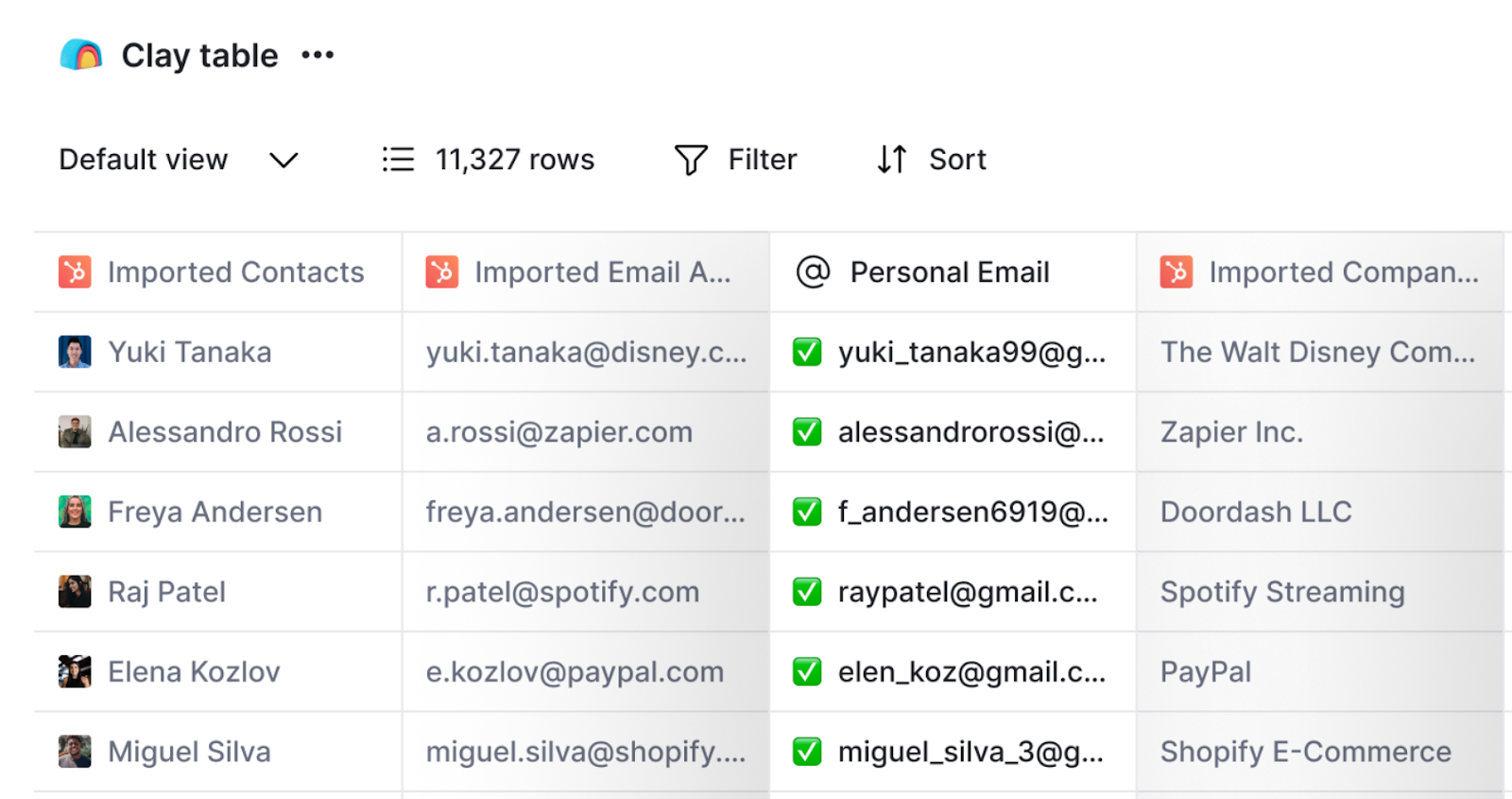 Clay showing a prospect enrichment workflow with columns for company data, Claygent research results, and personalized icebreakers