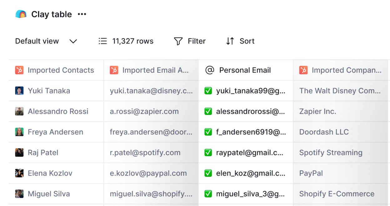 Clay showing a prospect enrichment workflow with columns for company data, Claygent research results, and personalized icebreakers