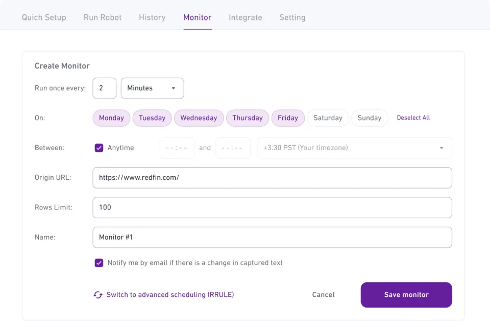 Browse AI&rsquo;s robot builder showing a pre-built robot configuration for monitoring competitor pricing with scheduling options