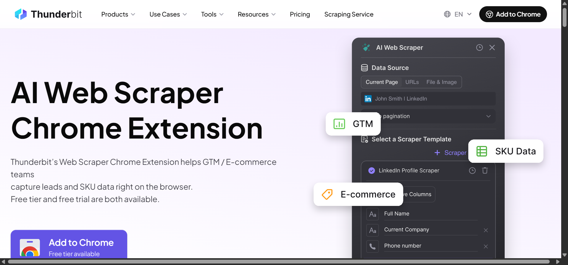Thunderbit&rsquo;s Chrome extension overlay on a webpage showing AI-powered data extraction with auto-detected columns and natural language prompt input