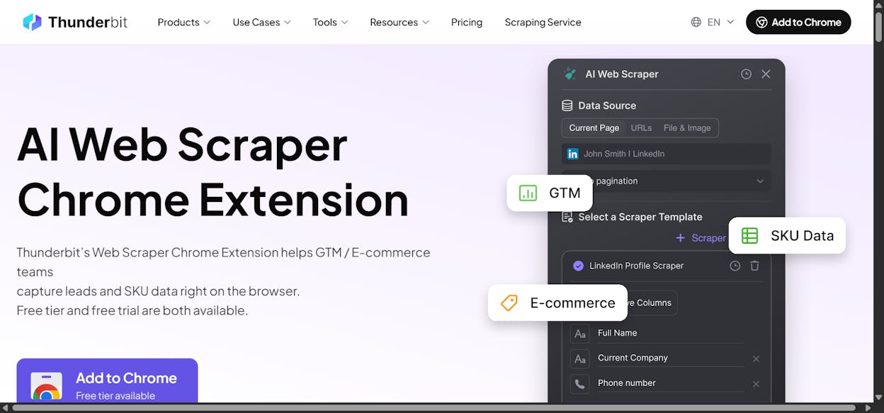 Thunderbit&rsquo;s Chrome extension overlay on a webpage showing AI-powered data extraction with auto-detected columns and natural language prompt input