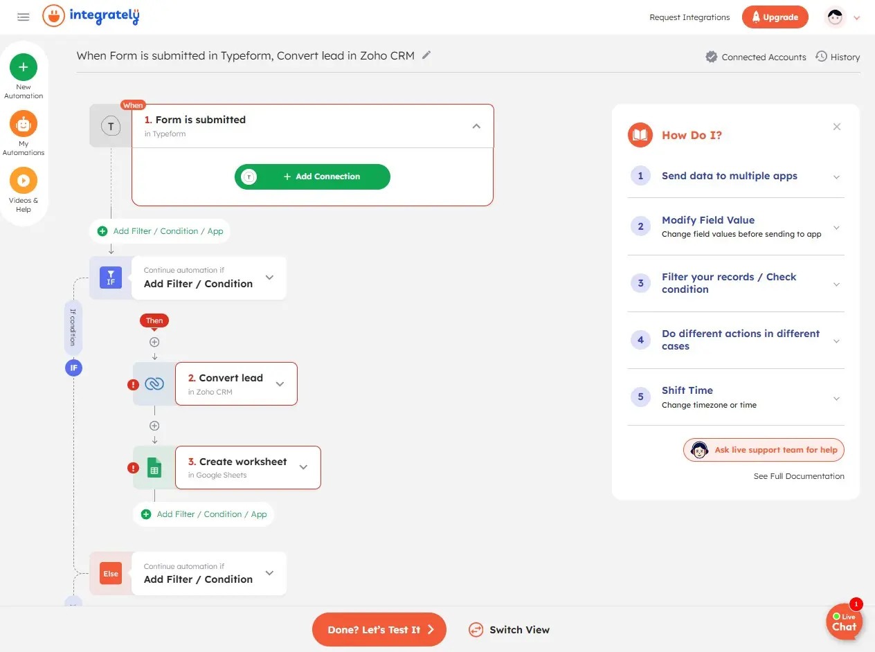 The Integrately dashboard showing one-click automation connectors