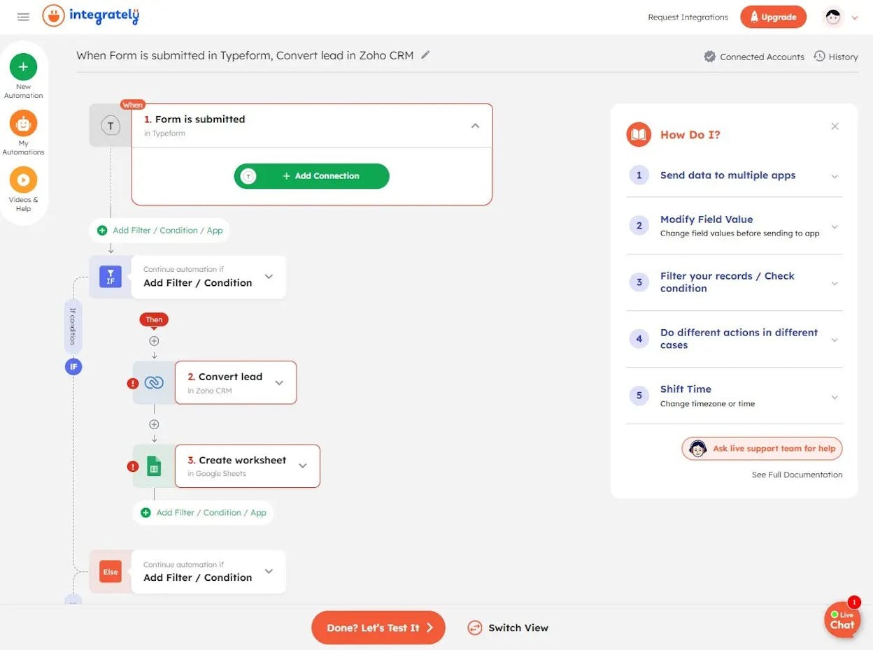 The Integrately dashboard showing one-click automation connectors