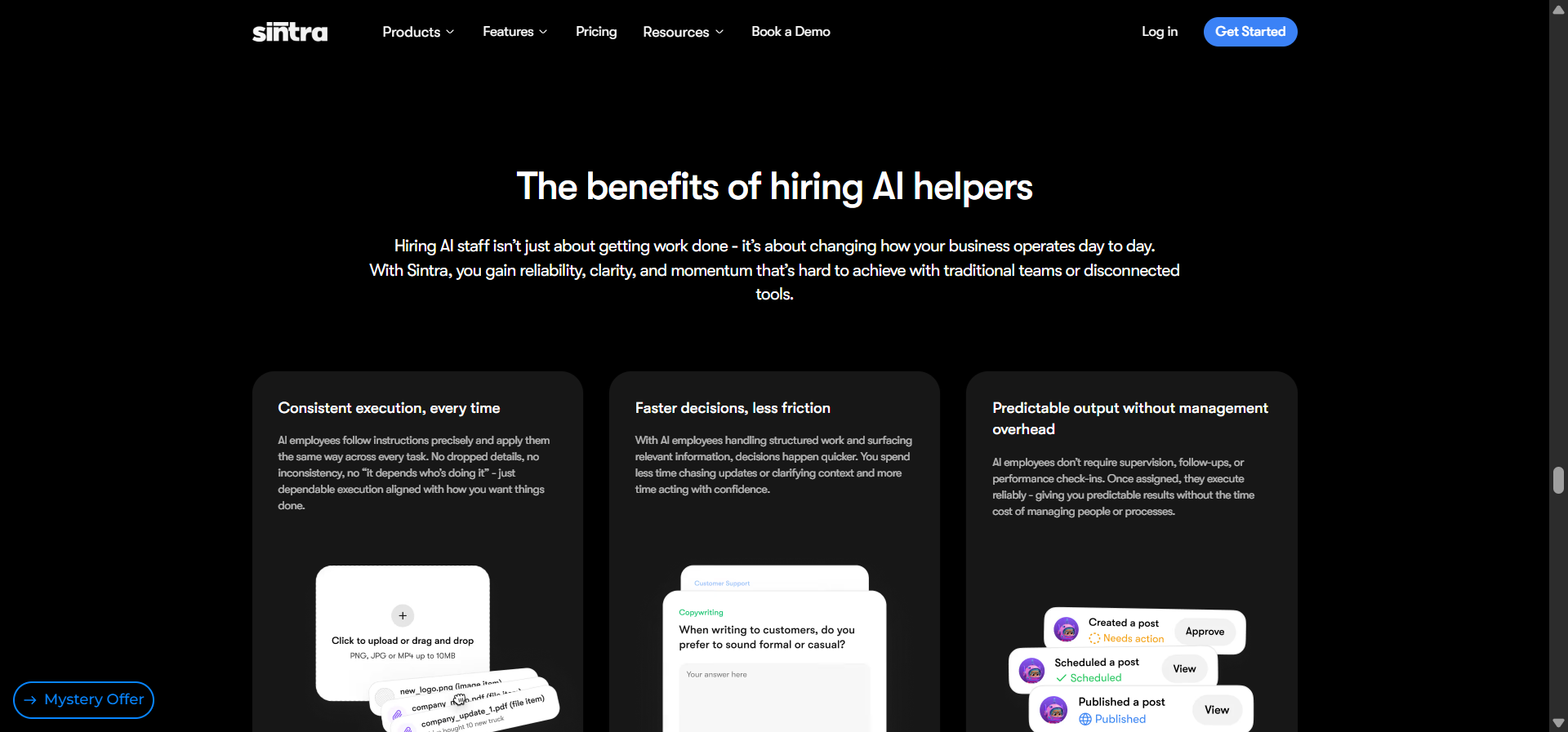 Sintra AI platform showing character-based AI employees like Cassie and Penn