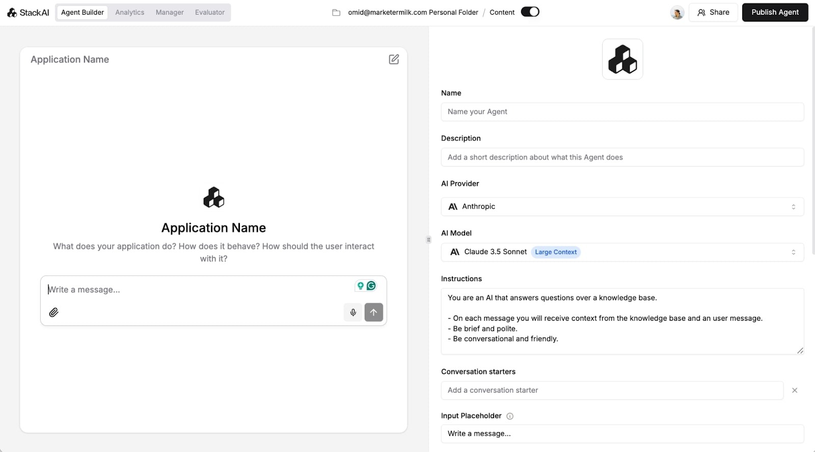 The StackAI platform showing the clean visual workflow builder interface