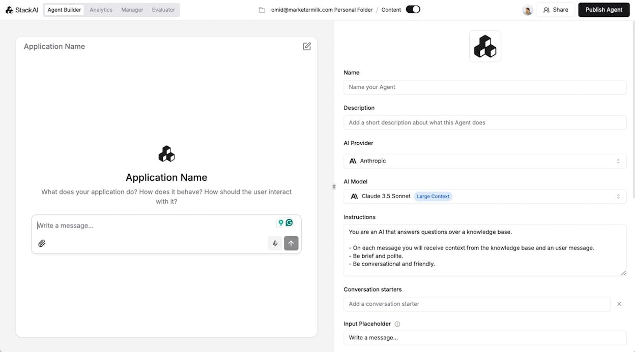The StackAI platform showing the clean visual workflow builder interface