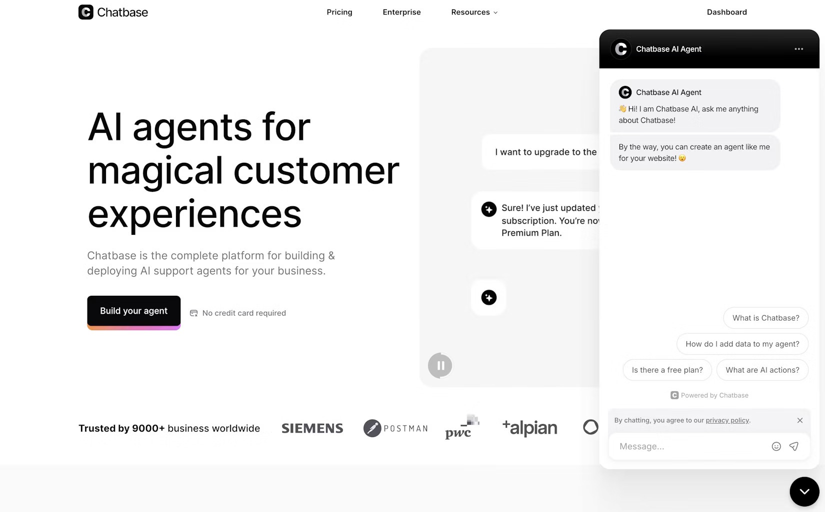 Chatbase platform showing the AI customer support agent interface