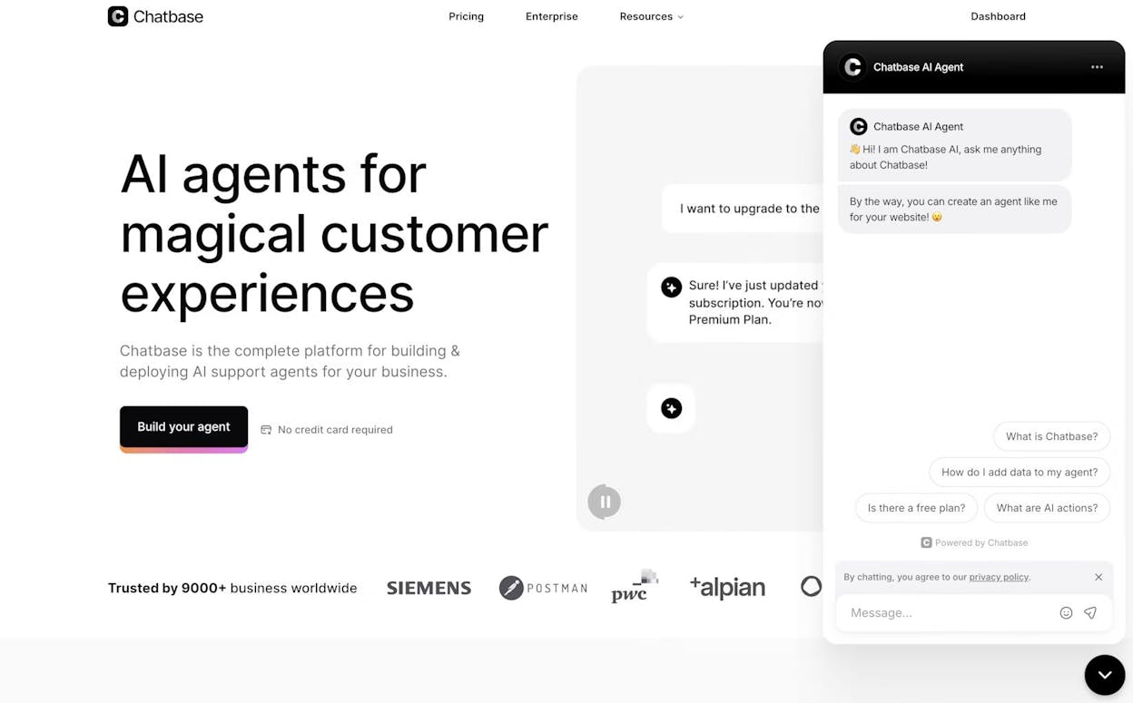 Chatbase platform showing the AI customer support agent interface