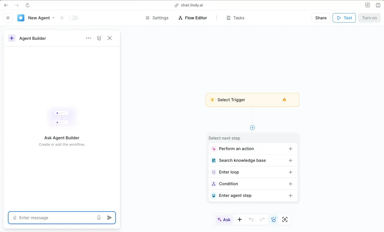 Lindy AI agent builder showing an AI assistant configuration for customer support