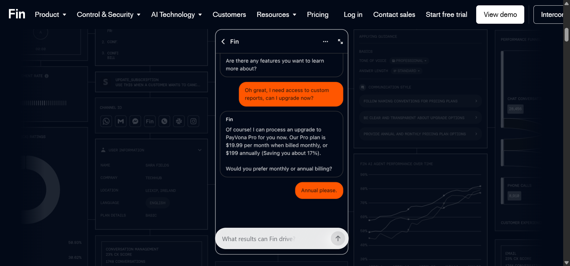 Fin AI&rsquo;s workflow builder showing a customer service automation with AI resolution flow