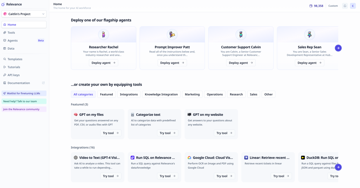 The Relevance AI platform showing AI agent templates