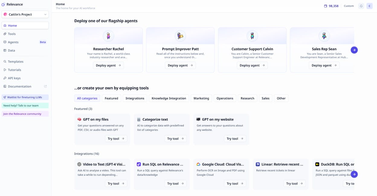 The Relevance AI platform showing AI agent templates