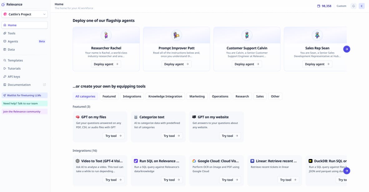 The Relevance AI platform showing AI agent templates