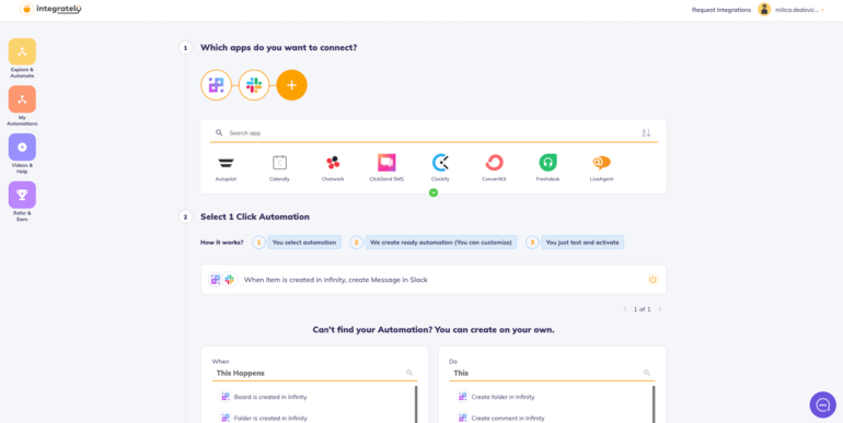 The Integrately platform showing integration options