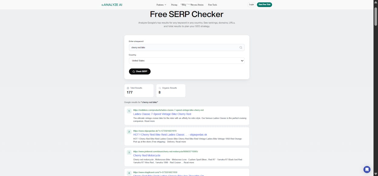 [Screenshot: Analyze AI SERP Checker showing the top-ranking pages for a target keyword, including domain authority and estimated traffic for each result.]