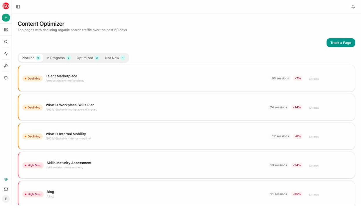 AI Content Optimizer showing per-page optimization ideas based on the gaps between the page&rsquo;s current content and the extractable structure AI engines cite