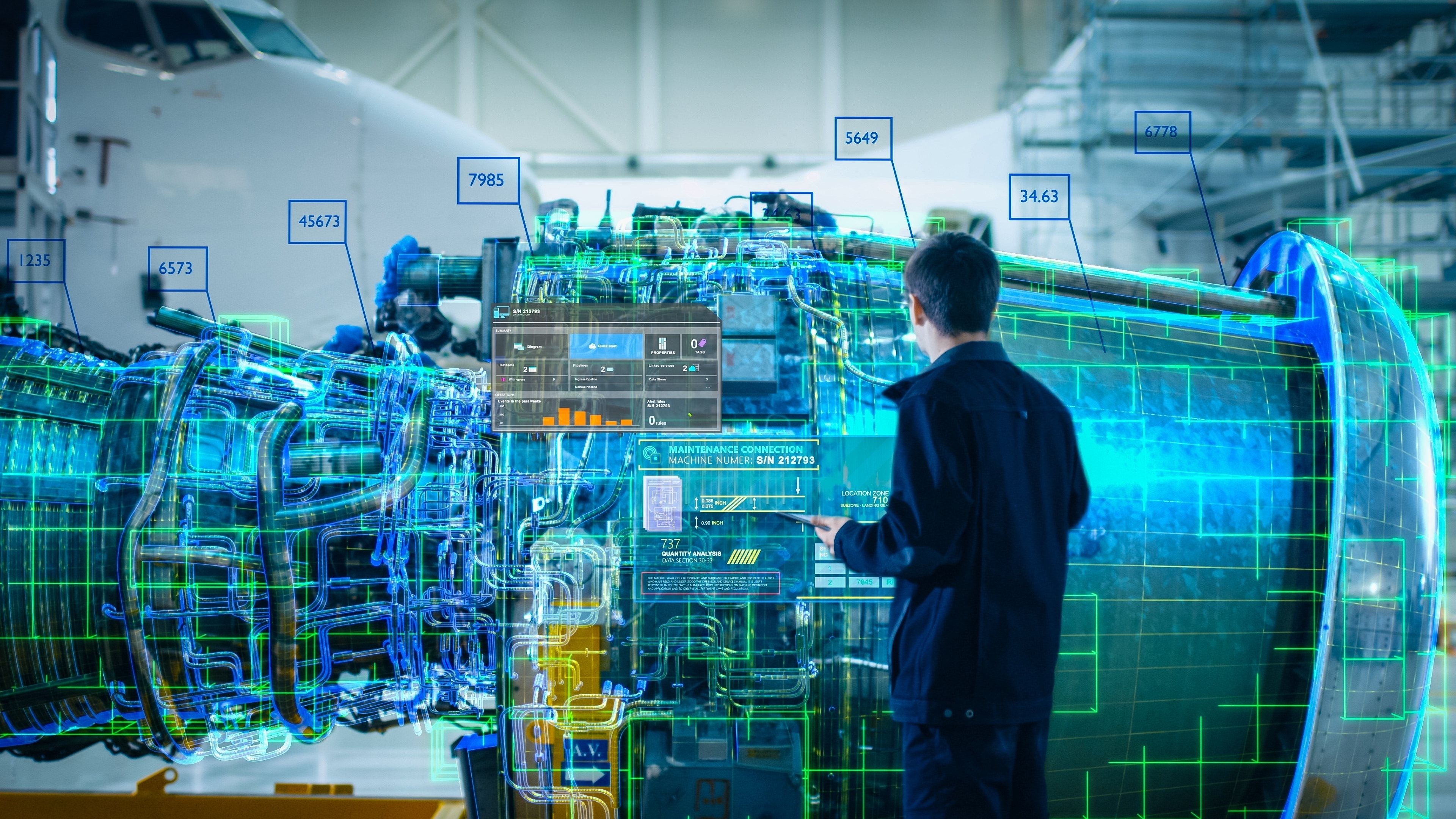 Engineer analysing a jet engine with augmented reality holographic data overlays and digital diagnostics in an aircraft hangar.