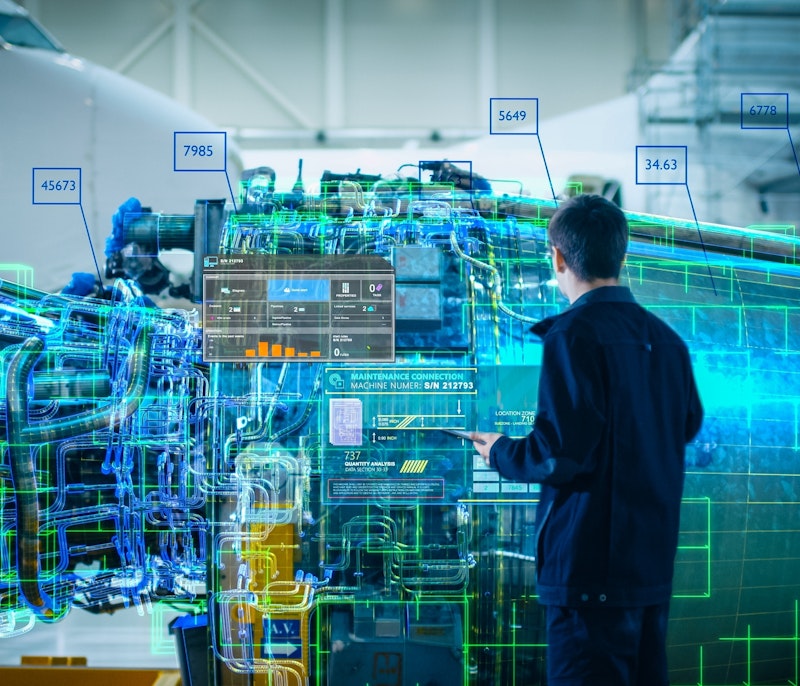 Engineer analysing a jet engine with augmented reality holographic data overlays and digital diagnostics in an aircraft hangar.