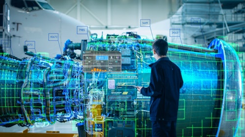 Engineer analysing a jet engine with augmented reality holographic data overlays and digital diagnostics in an aircraft hangar.