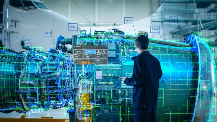 Engineer analysing a jet engine with augmented reality holographic data overlays and digital diagnostics in an aircraft hangar.