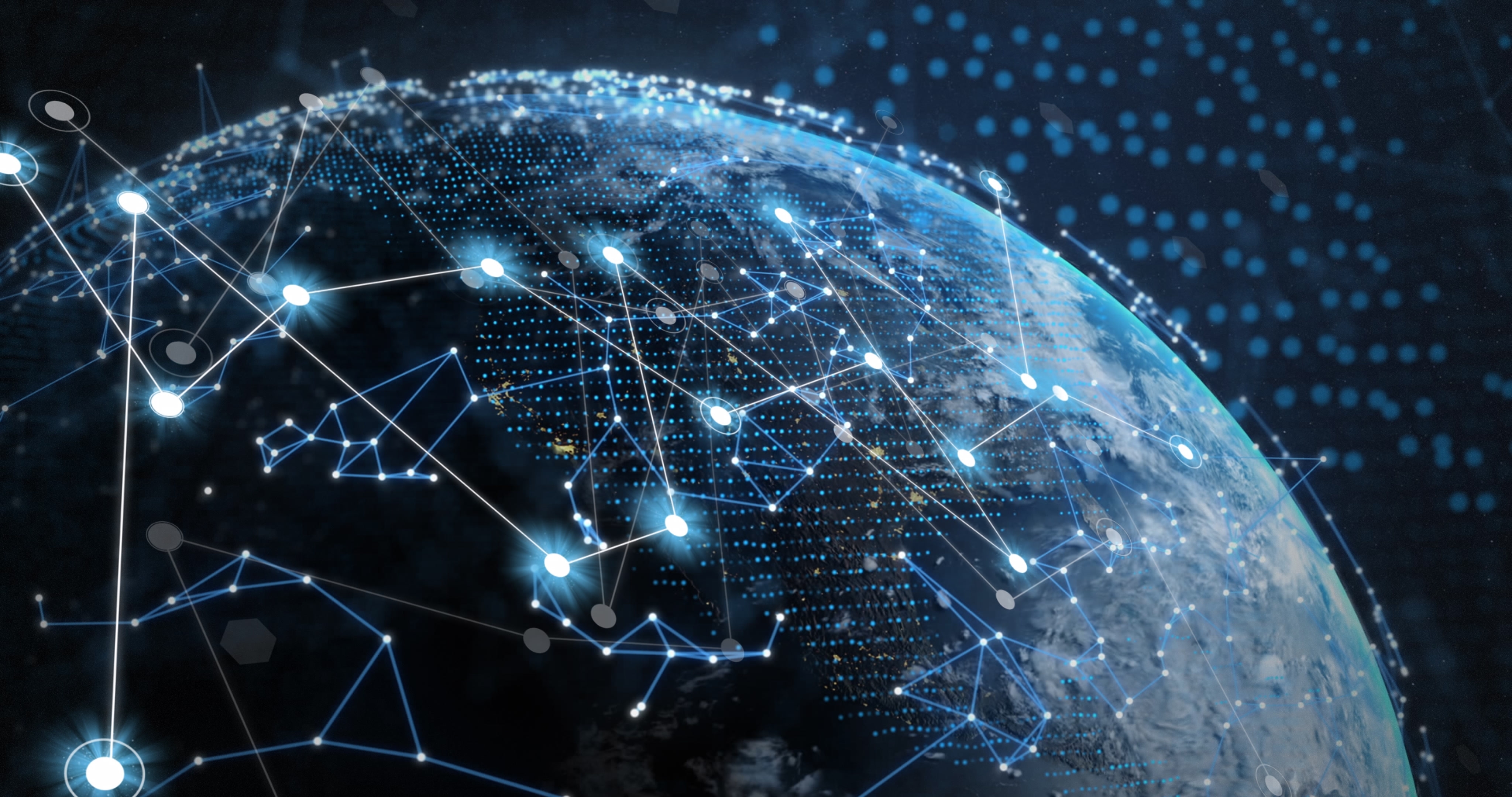 Digital network connections overlaying Earth viewed from space, symbolizing global connectivity and data exchange.