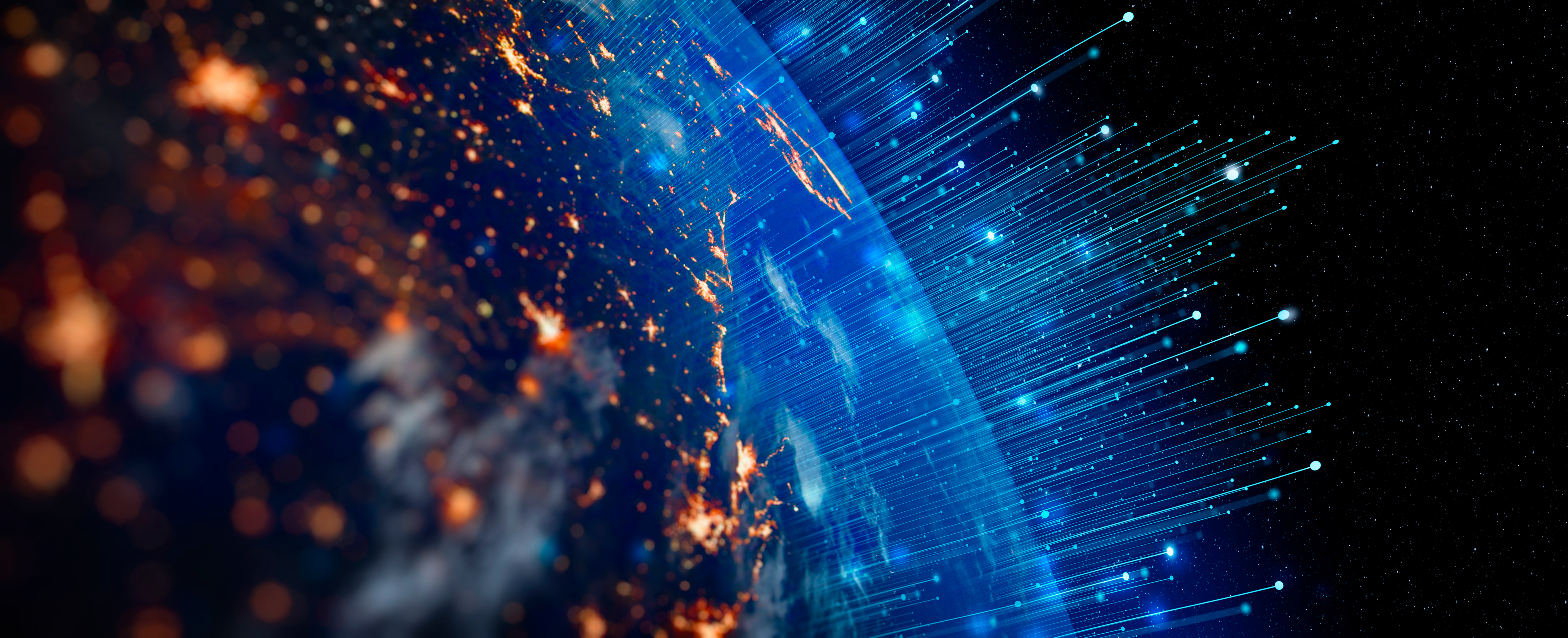 Digital data streams flowing from Earth into space, symbolizing global connectivity.