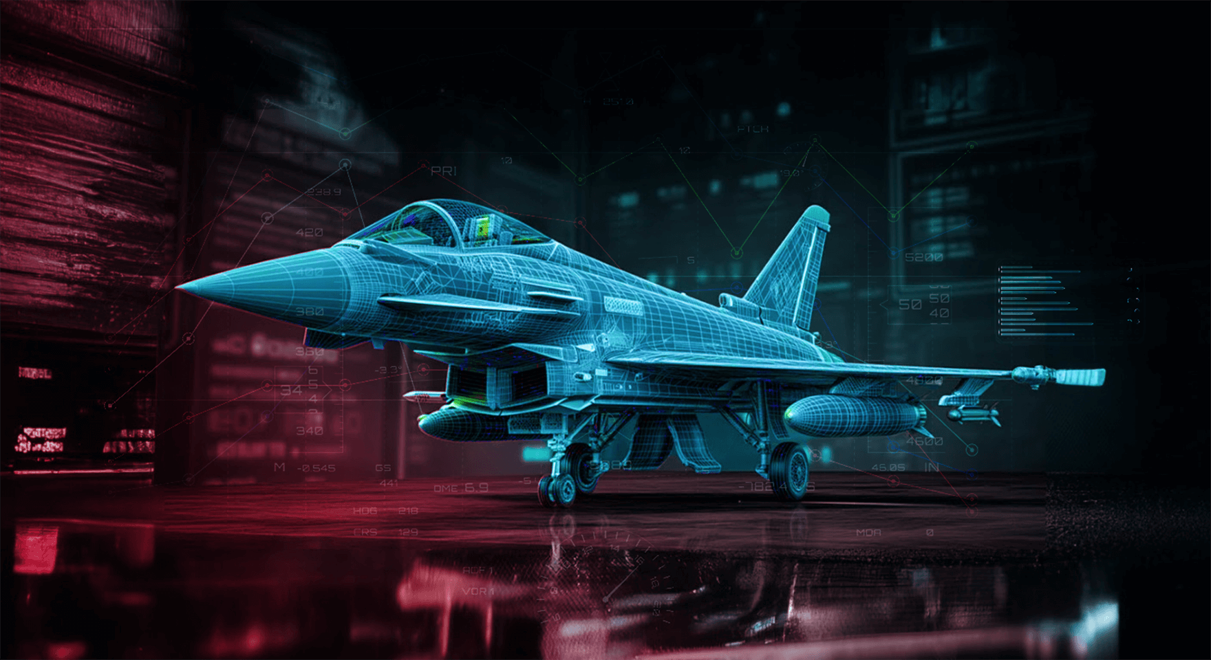 Futuristic digital wireframe of a fighter jet with holographic data overlays, showcasing advanced aerospace design technology.