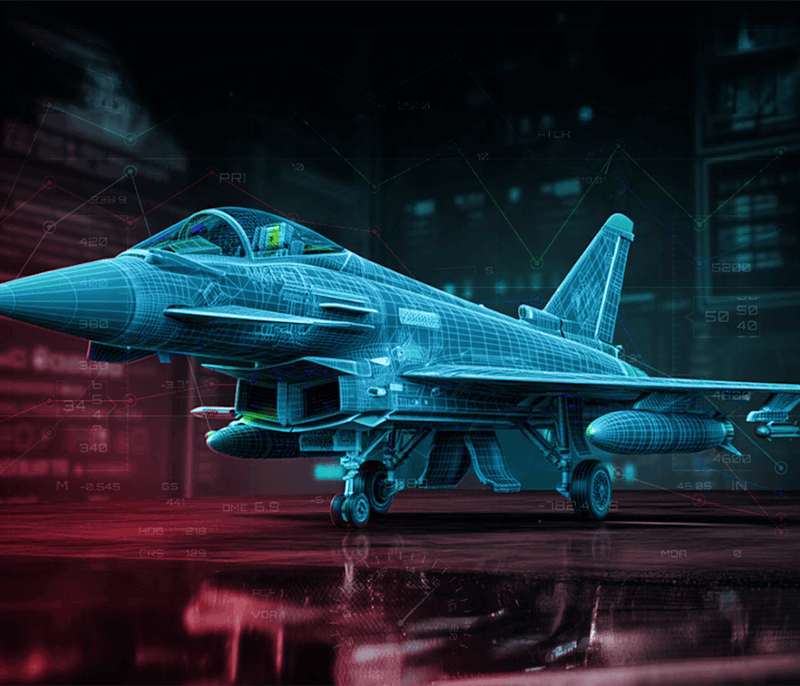 Futuristic digital wireframe of a fighter jet with holographic data overlays, showcasing advanced aerospace design technology.