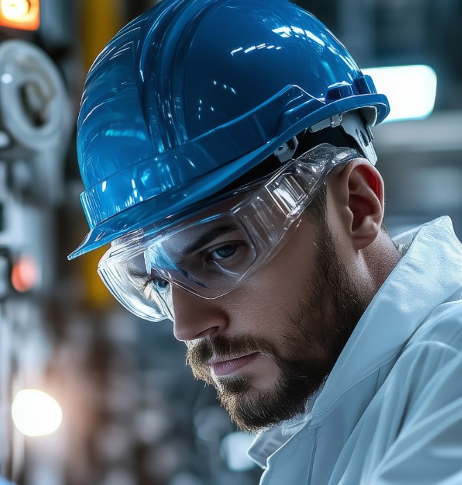 Engineer in safety gear wearing a blue hard hat and protective goggles in an industrial setting.