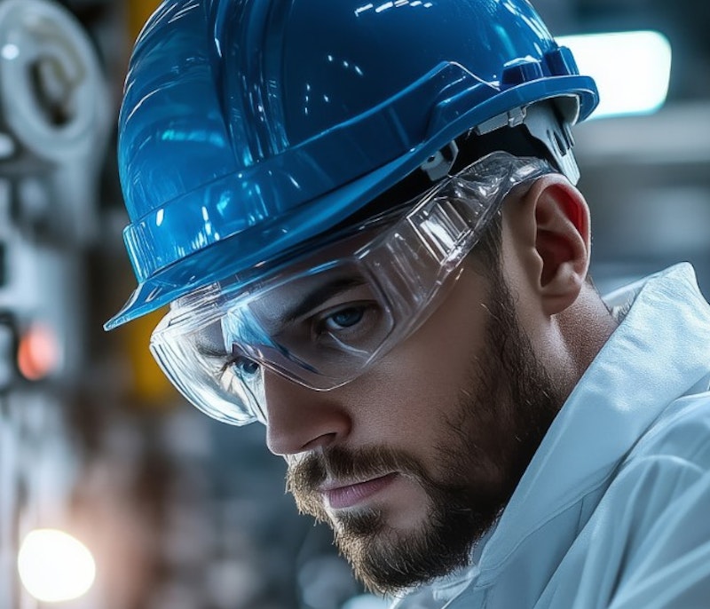 Engineer in safety gear wearing a blue hard hat and protective goggles in an industrial setting.