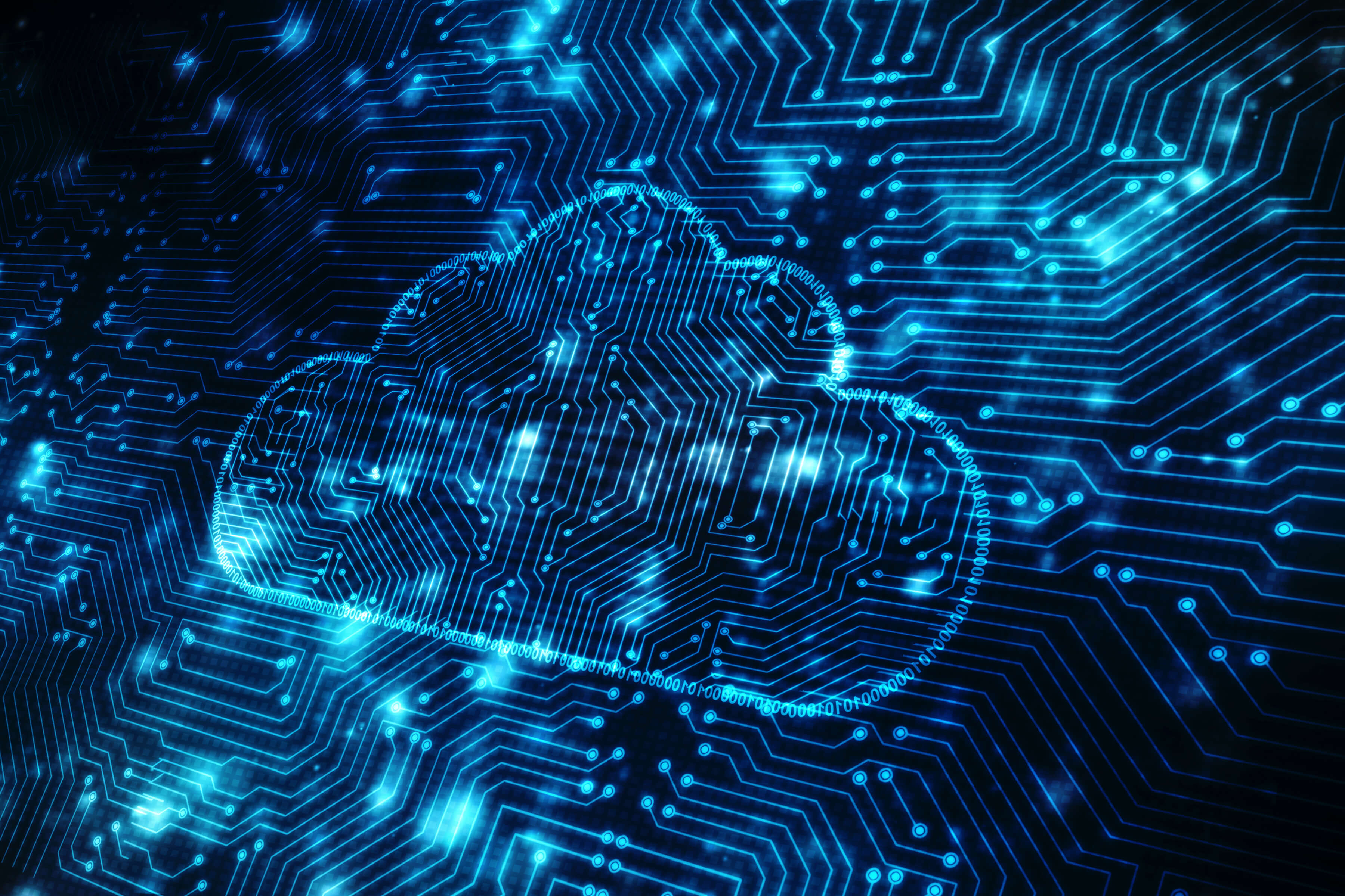 Digital cloud icon integrated into a glowing circuit board background.