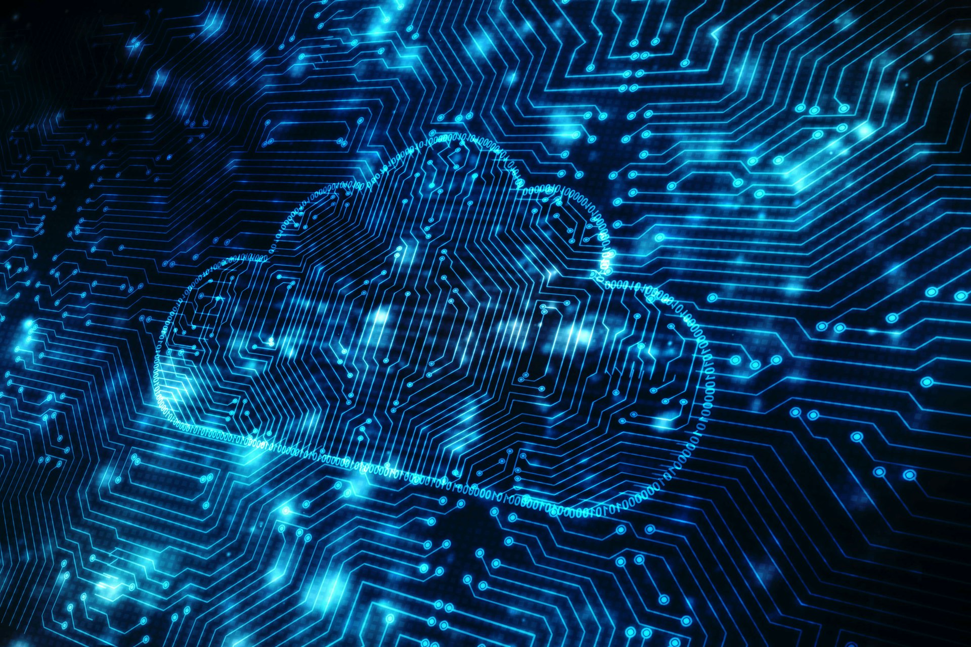 Digital cloud icon integrated into a glowing circuit board background.