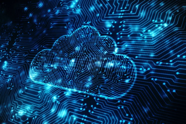 Digital cloud icon integrated into a glowing circuit board background.