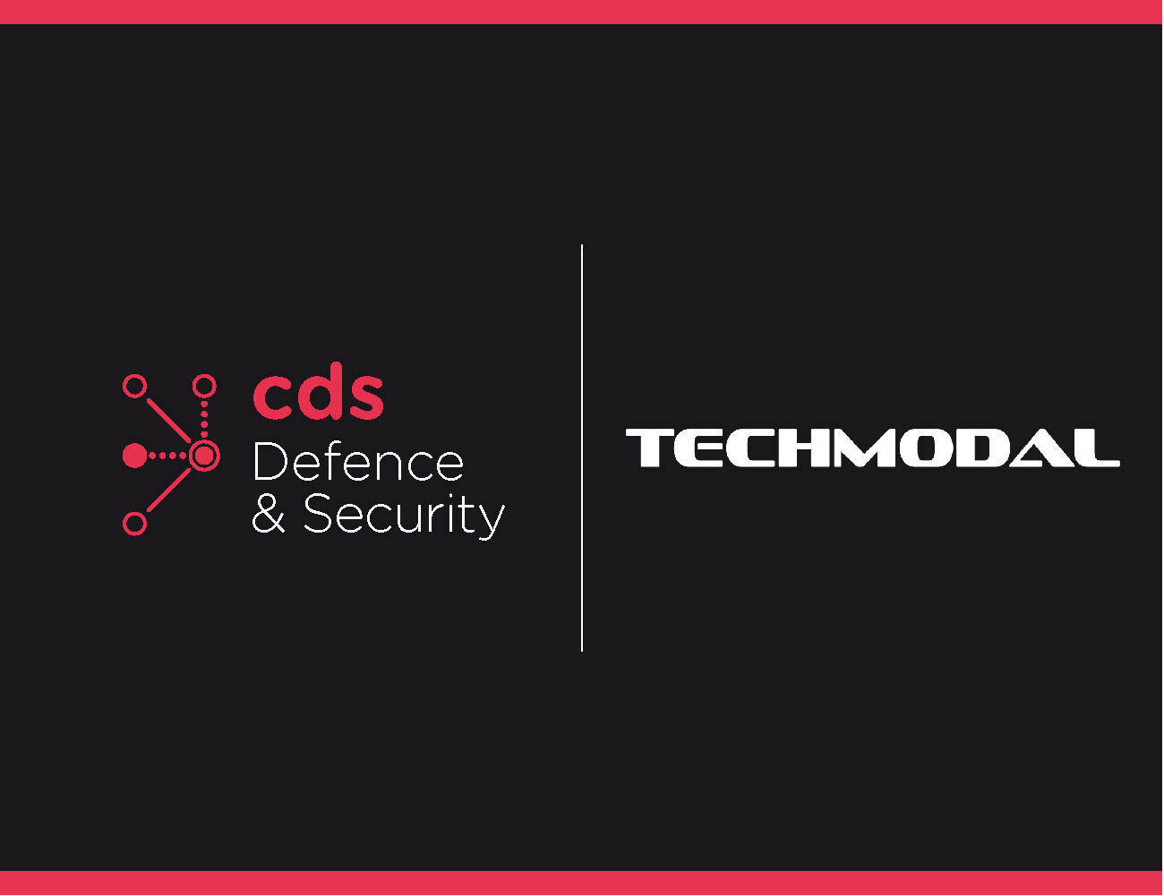 Logos of CDS defence and Security and Techmodal on a dark grey background with pink accents