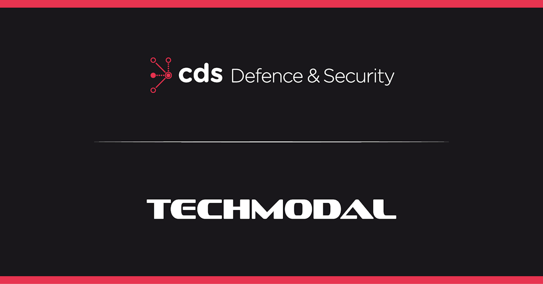 Logos of CDS Defence & Security and Techmodal on dark grey background with pink accents