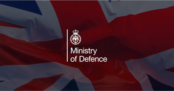 National flag of Great Britain - United Kingdom with Ministry of Defence logo in white