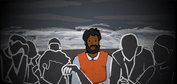 2D animation drawing of an imigrant man on lifeboat
