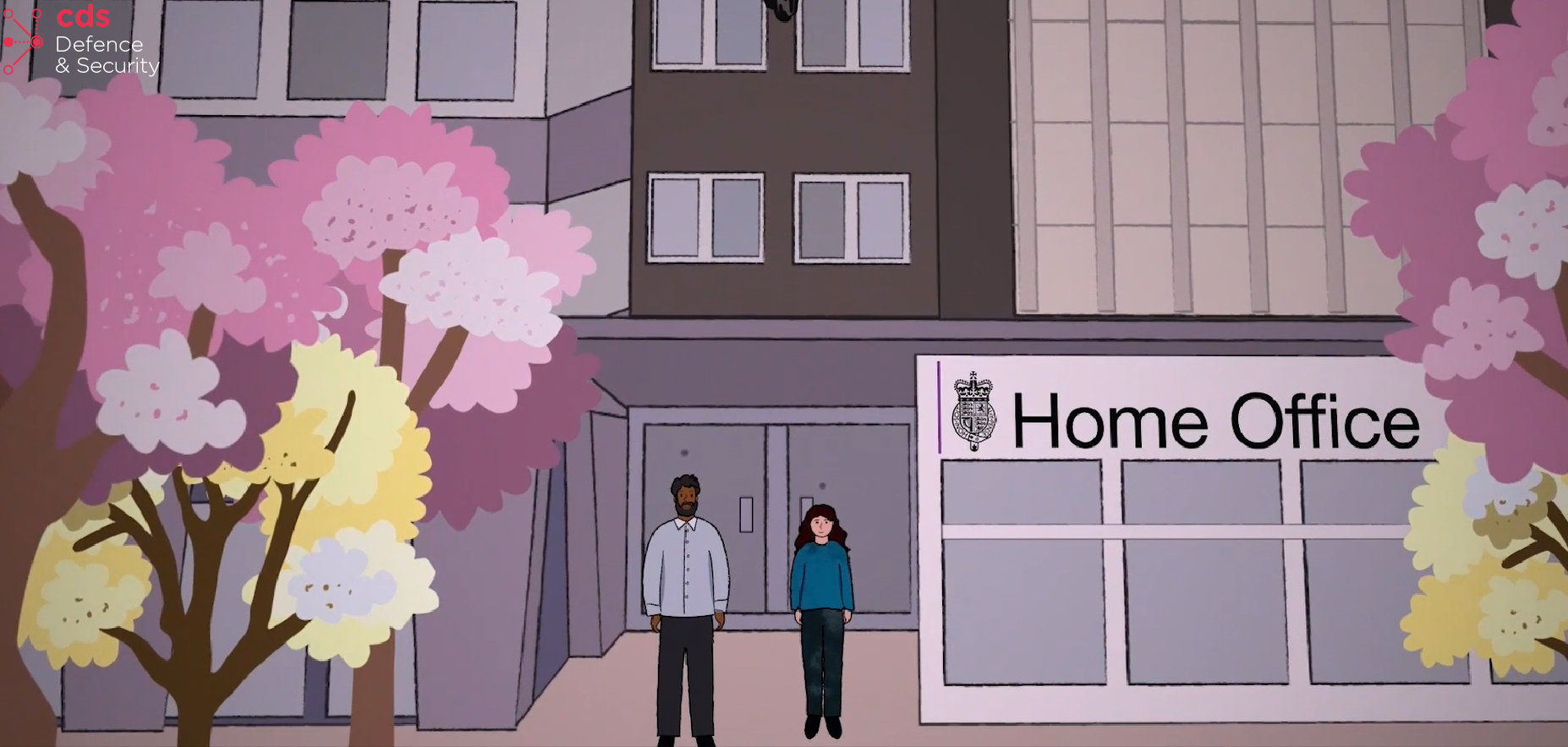 Trauma Informed Practice Home office 2D animated drawing of man and woman imigrants