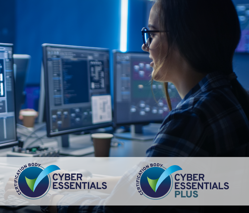 Woman typing on keyboard infront of cyber software, cyber essentials and cyber essentials logos on white background