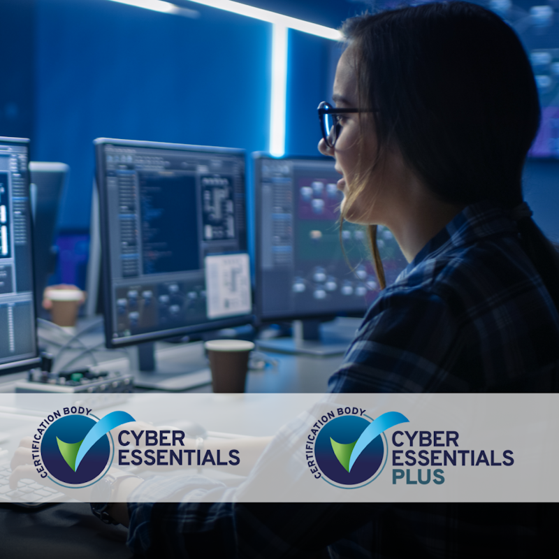 Woman typing on keyboard infront of cyber software, cyber essentials and cyber essentials logos on white background