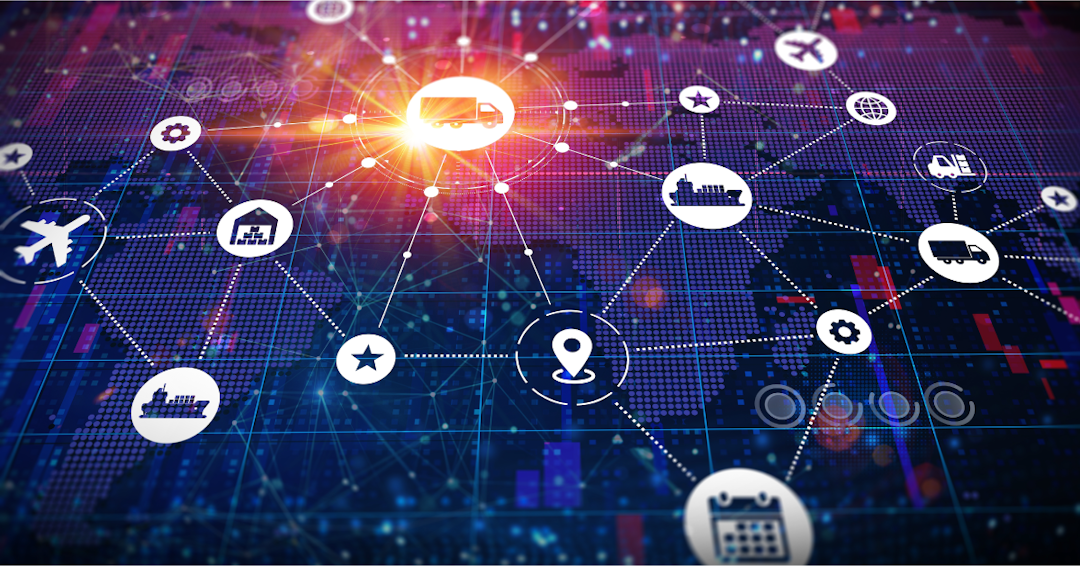 Supply Chain Management - SCM - The Coordinated Process of Producing and Delivering Goods and Services from Suppliers to Consumers - Conceptual Illustration