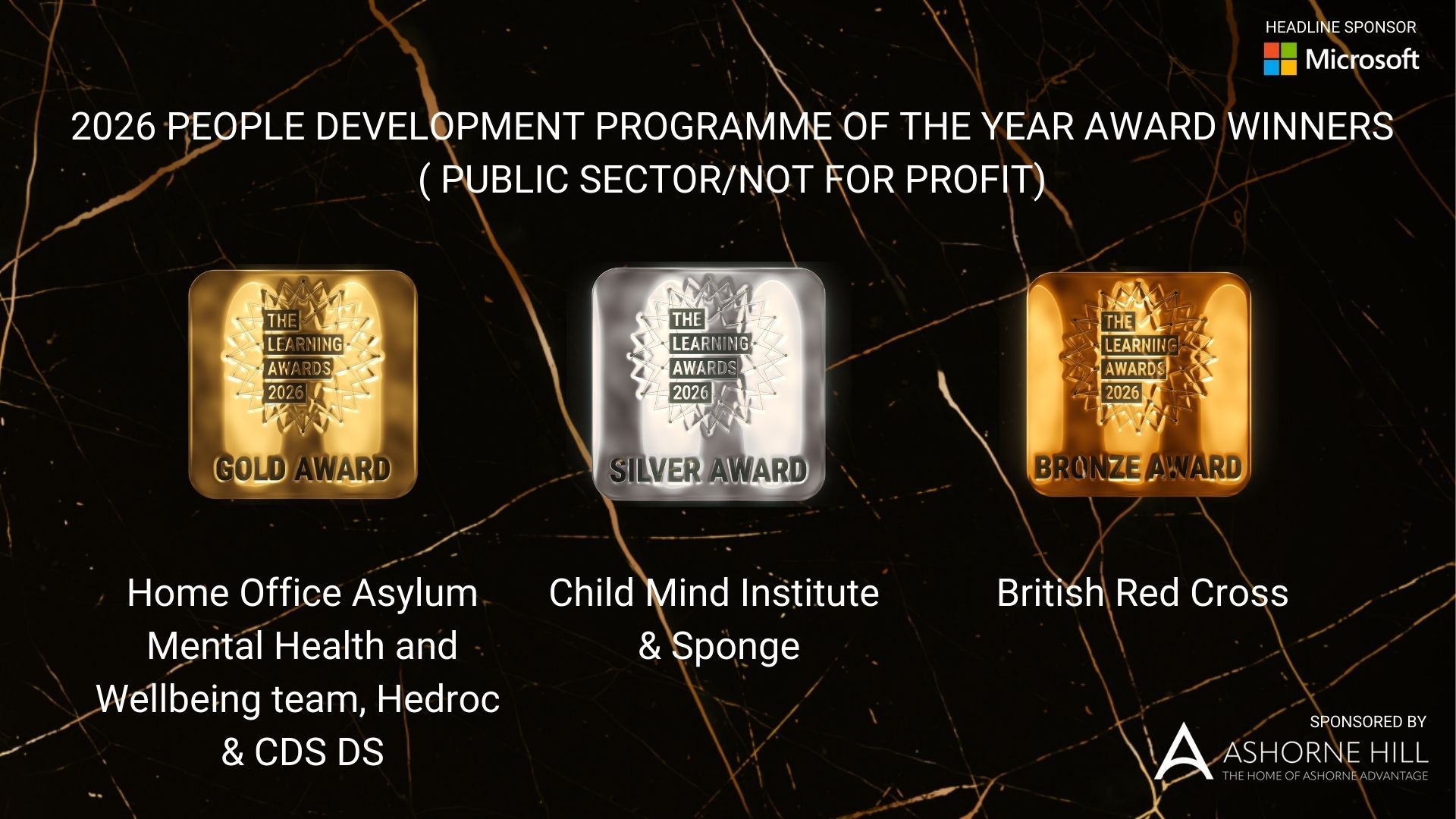 A black and gold themed awards graphic titled “2026 People Development Programme of the Year Award Winners (Public Sector/Not for Profit).” Three large award badges are displayed across the center: a gold award on the left, a silver award in the middle, and a bronze award on the right, each featuring “The Learning Awards 2026.”  Below the gold badge: “Home Office Asylum Mental Health and Wellbeing team, Hedroc & CDS DS.” Below the silver badge: “Child Mind Institute & Sponge.” Below the bronze badge: “British Red Cross.”  The background is black marble with gold veining. In the top right corner, it reads “Headline Sponsor Microsoft,” and in the bottom right corner, “Sponsored by Ashorne Hill.”