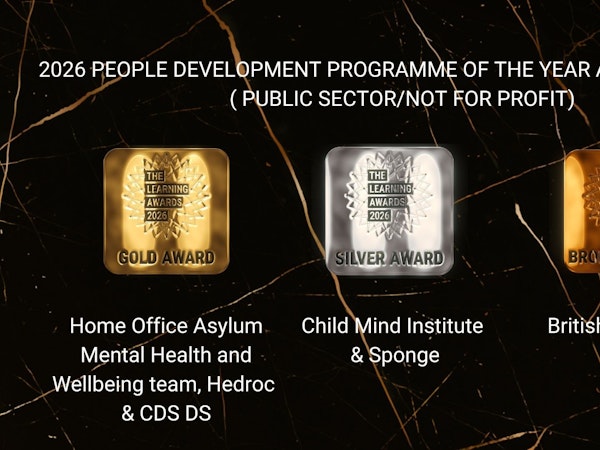 CDS DS Wins Gold at Learning Awards 2026 A black and gold themed awards graphic titled “2026 People Development Programme of the Year Award Winners (Public Sector/Not for Profit).” Three large award badges are displayed across the center: a gold award on the left, a silver award in the middle, and a bronze award on the right, each featuring “The Learning Awards 2026.” Below the gold badge: “Home Office Asylum Mental Health and Wellbeing team, Hedroc & CDS DS.” Below the silver badge: “Child Mind Institute & Sponge.” Below the bronze badge: “British Red Cross.” The background is black marble with gold veining. In the top right corner, it reads “Headline Sponsor Microsoft,” and in the bottom right corner, “Sponsored by Ashorne Hill.”