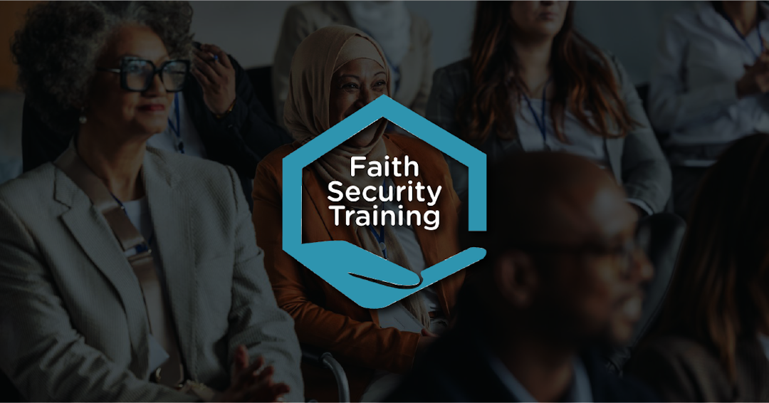 Blue Faith Security Training logo, behind it is a diverse group of professionals, including a smiling Muslim woman, attending a business conference and listening to a presentation.