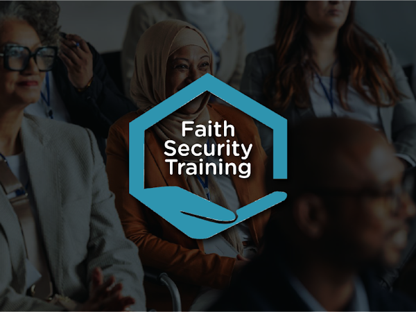 Blue Faith Security Training logo, behind it is a diverse group of professionals, including a smiling Muslim woman, attending a business conference and listening to a presentation.