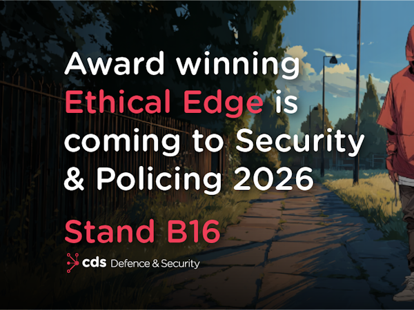 Ethical Edge Promo S&P26 Promotional graphic with the headline: “Award winning Ethical Edge is coming to Security & Policing 2026 – Stand B16.” The words “Ethical Edge” and “Stand B16” are highlighted in red, while the rest of the text is white. The CDS Defence & Security logo appears in the lower left corner. The background is an illustrated scene of a hooded young person walking alone along a cracked pavement beside a fence and grassy area at dusk, with trees and streetlights in the distance, creating a reflective and slightly sombre atmosphere.