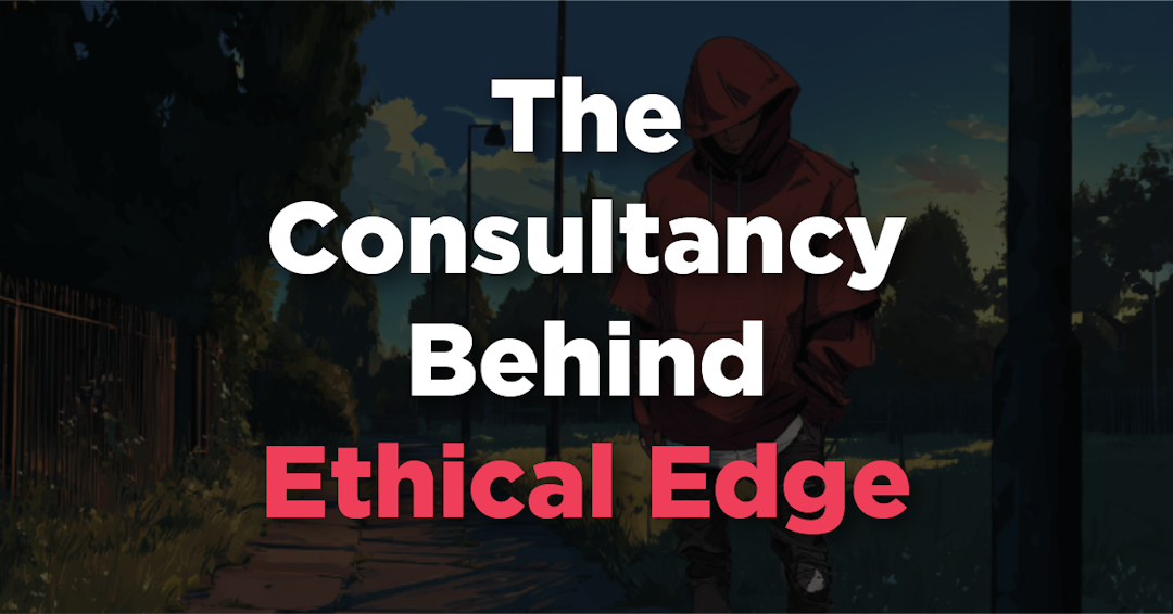 Dark gameplay screenshot background with white text saying the consultancy behind Ethical Edge